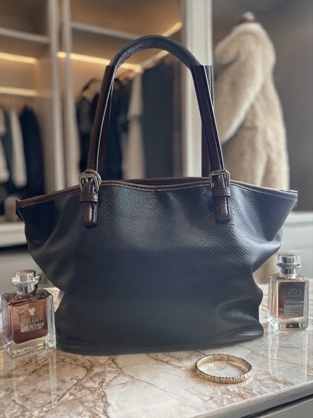 A Classy Chic Boutique by GAL Black Tote with Brown Trim and Handles